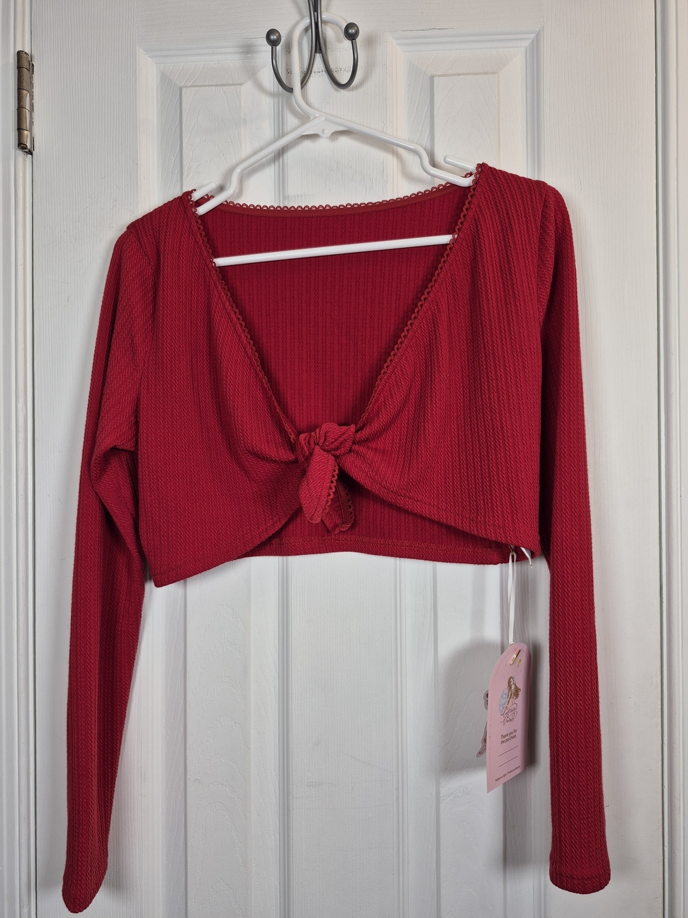 ​NWT Lumina Venus Cherry Red Ribbed Tie Front Long Sleeve Crop Top XL Fall Coque